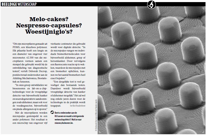 lammertyn_lab's tweet image. This month in our #Campuskrant @LeuvenU : What are these small towers? It&apos;s PDMS microcapillaries! In our lab, we stamp this in another polymer to create microwells in which we study single cells and molecules. Read more on p.8 here: nieuws.kuleuven.be/nieuwsdienst/c… #digitalmicrofluidics