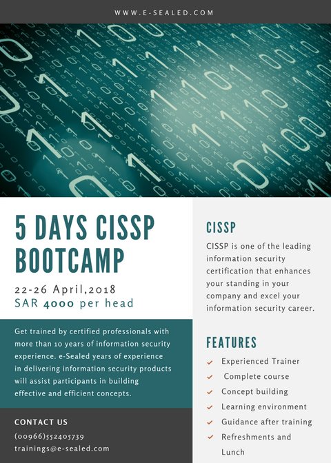 e_infosec's tweet photo. 5 days CISSP bootcamp in Riyadh, Saudi Arabia.
Your investment =  SAR 4000/- only
Offer = 25% off for a group of 2 or more.
Register on the link below to jump start your information security career
https://t.co/zM4M0U54eG
#cissp #e-sealed #cyber #riyadh #ksa #bootcamp https://t.co/EZ7efU0D4R