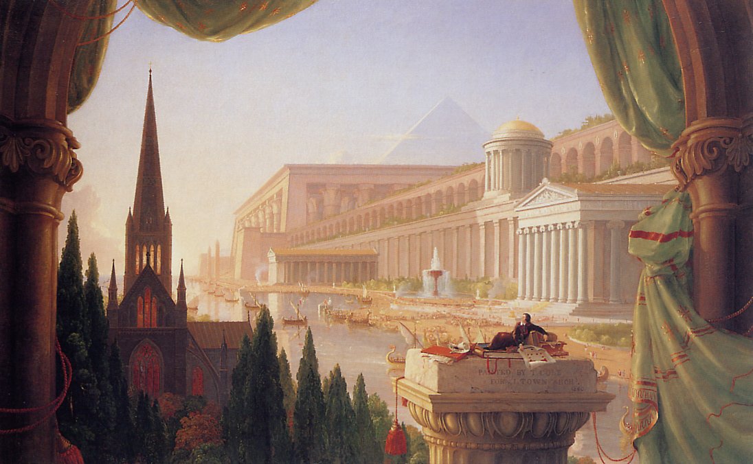 Our painting of the week: 'The Architect's Dream' by Thomas Cole from 1840! Exemplifies influential styles of architecture including Roman, Egyptian &amp; Greek. The viewer looks out on a vast imaginary landscape that highlights the accomplishments of past civilisations #Romanticism