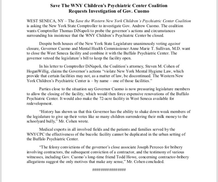 BreannaFuss's tweet photo. HAPPENING TODAY: @SaveWNYCPC is requesting @NYSComptroller look into why @NYGovCuomo insists on closing the child psych center. Details this AM @SPECNewsBuffalo https://t.co/VIUpFz6I3Q