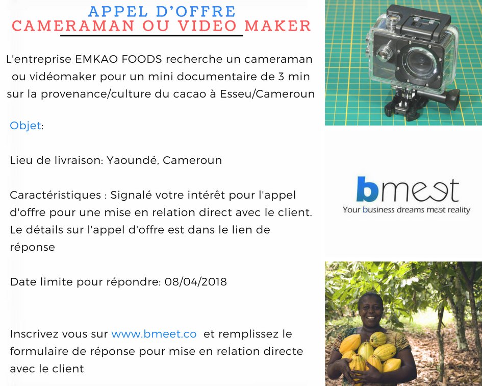 Bmeet_'s tweet photo. NOUVEL APPEL D'OFFRES

L'entreprise EMKAO FOOD recherche pour ses besoins un CAMERAMAN ou VIDEO MAKER

Date limite: 08/04/2108

Lien de réponse : https://t.co/qn06iN6W7q https://t.co/bmi63Ihfcj