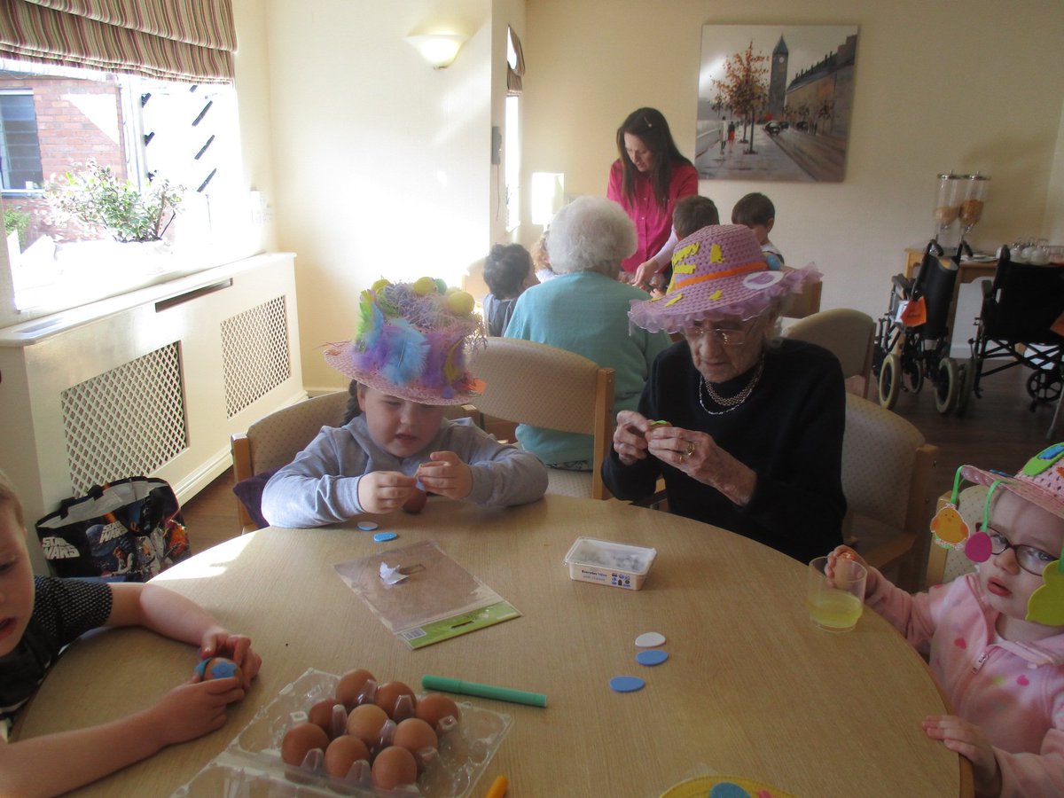 MinsterCare's tweet photo. Residents at Holcroft Grange enjoyed ABC Infants visiting today. They had a lovely Easter Bonnet competition, Easter Egg Hunt and egg painting.
Everybody enjoyed the morning. #minstercare #HolcroftGrange https://t.co/93XUOIZmy6