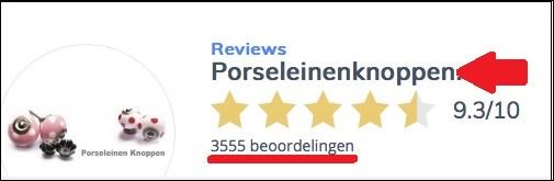 Meer dan 3500 beoordelingen via FeedBackCompany bij de gezelligste KastKnoppen winkel porseleinenknoppen.nl en gewoon een 9.3 als cijfer scoren :) 
Mag wel even gezegd worden, toch!?