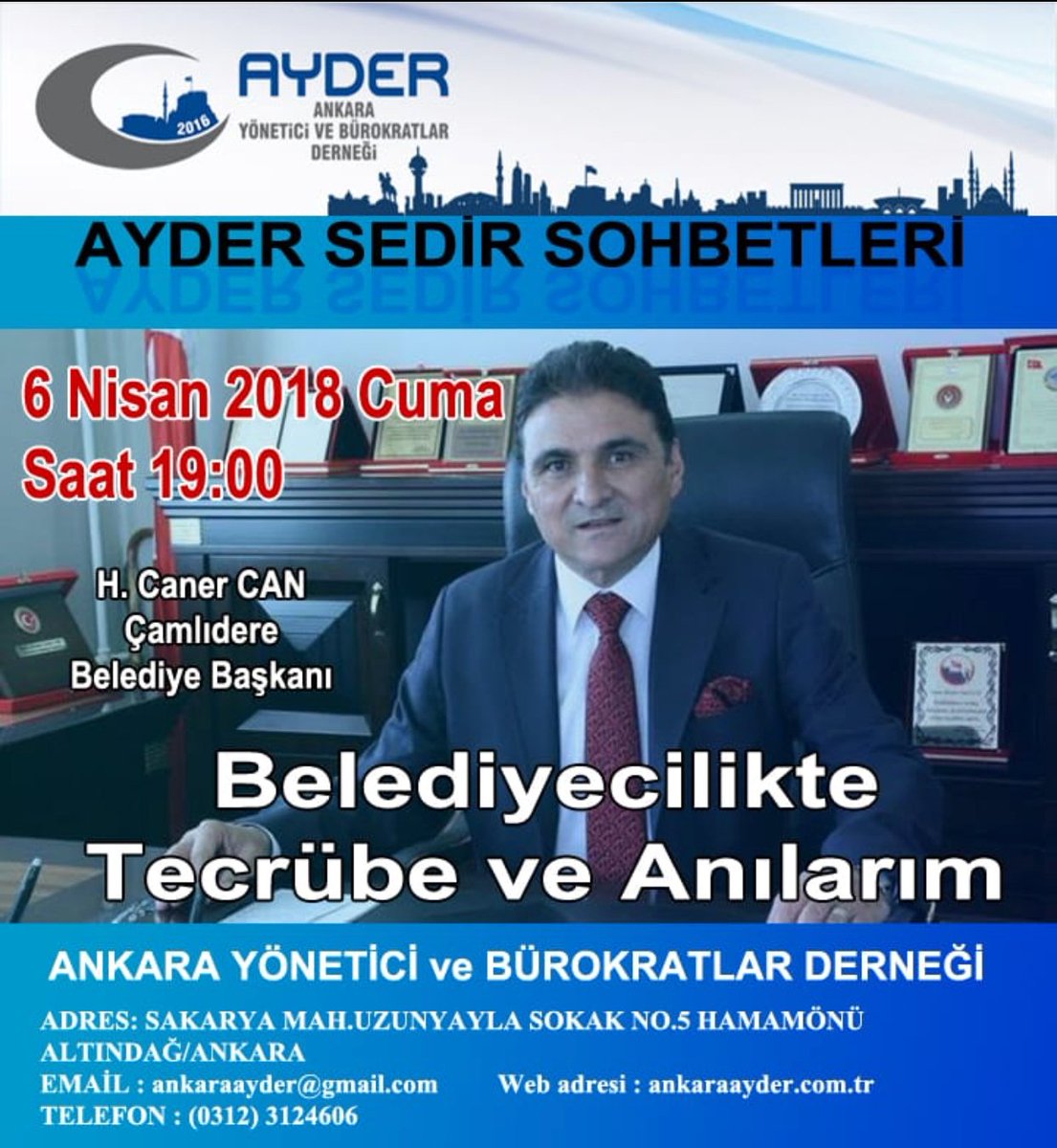 ankaraayder's tweet photo. Derneğimiz Sedir Sohbetlerinin bu haftaki konuğu Çamlıdere Belediye Başkanı Sn Hazım Caner CAN beyefendidir. ”Belediyecilikte Tecrübe ve Anılarım” Konulu sohbet programına Tüm Hemşehrilerimiz davetlidir. https://t.co/5DTJwZBgJU