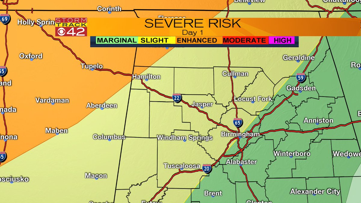 SarahCantey's tweet photo. SEVERE WEATHER possible tonight between about 9/10 pm into the overnight hours (Tuesday night into Wednesday). What to expect is coming up on CBS 42 #alwx #StormTrack42 https://t.co/lCFrA3pgL3