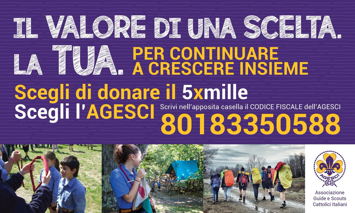 agesci's tweet photo. #ilvalorediunascelta, il tuo #5xmille per crescere insieme. #seiscout @agesciPE https://t.co/fiIhQWonWj
