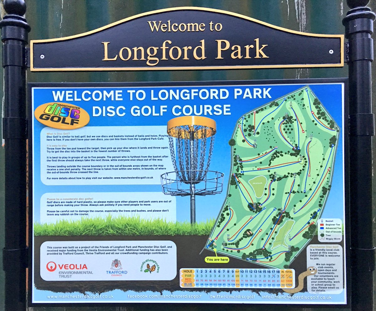 MrChrisClarkson's tweet photo. If there are any folk out and about in Manc this weekend that would like to try their hand at Disc Golf (that’s golf with a frisbee!) then head down to the purpose built course at Longford Park for FREE tuition, FREE disc rental and FREE fresh air! 
https://t.co/WpXY31iEXe https://t.co/PZKpGxd0dj