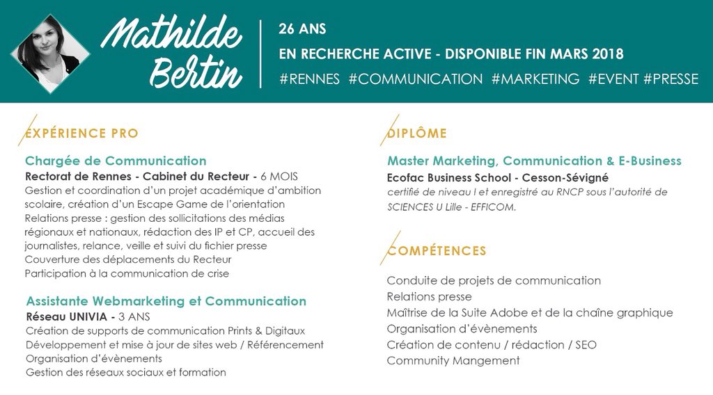 MathildeBrtn's tweet photo. Hello Twitter 💬 Je suis à la recherche de mon prochain challenge professionnel en tant que Chargée de #communication sur #Rennes ! Un aperçu de mes compétences ici👇🏼 et le reste sur #LinkedIn ➡️ https://t.co/RoAwwPIDWA | #Merci #i4Emploi #I4EmploiR @i4Emploi https://t.co/tqc8UCqFJi