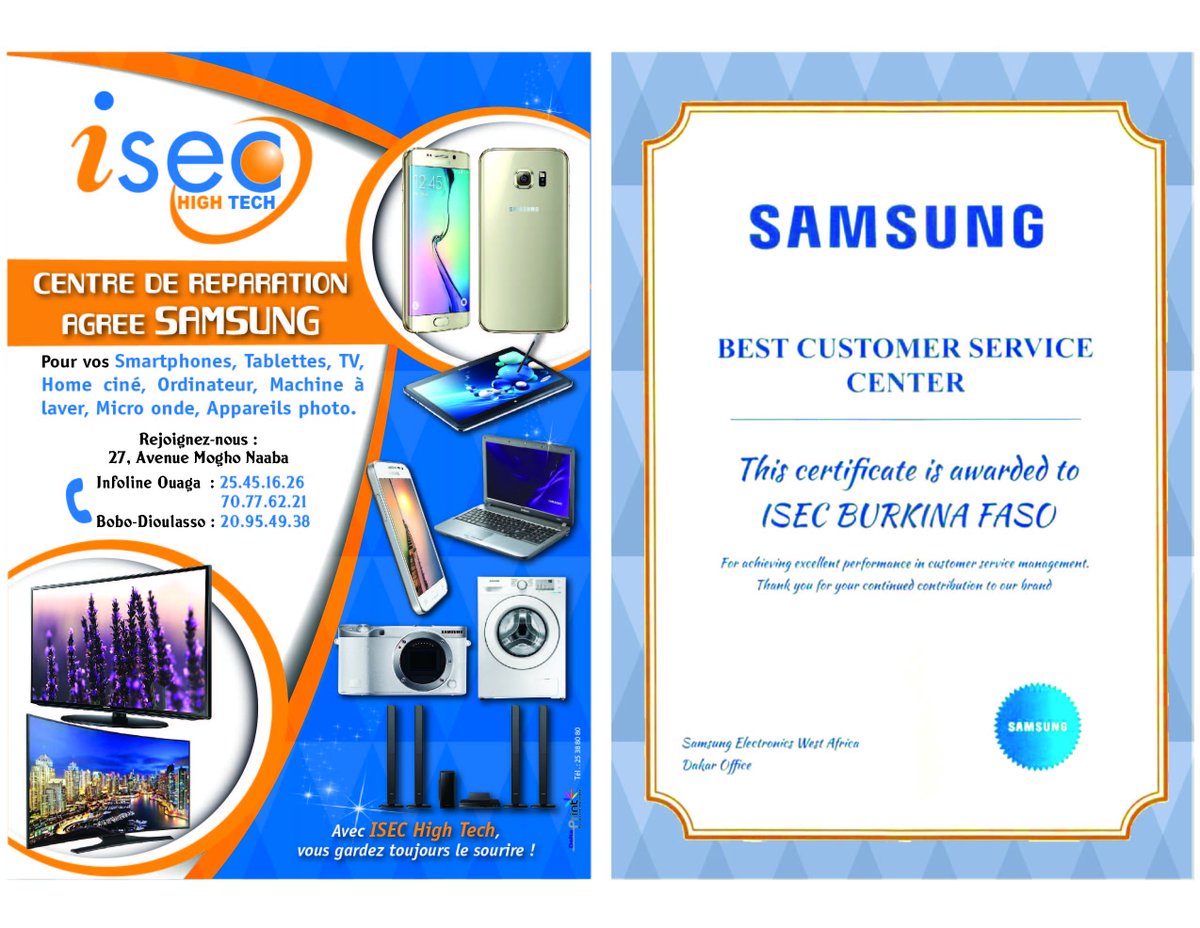 ISEC_High_Tech's tweet photo. Saviez-vous que notre Centre de Réparation a été reconnu par la maison SAMSUNG comme le meilleur des services après-vente au Burkina Faso? Nous mettons à votre disposition une équipe qualifiée et une expertise reconnue pour votre unique satisfaction!! Bon début de semaine! https://t.co/5xCHj43s1P