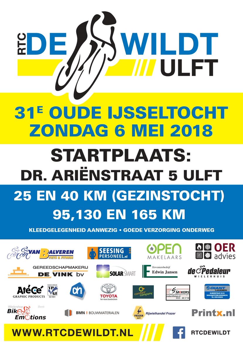 Zondag 6 mei: #Ulft #OudeIJsseltocht 25, 40, 95, 130 en 165 km. Starten vanaf 7.30 uur. Zwarte plein Ulft.