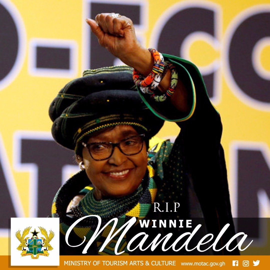 We are deeply saddened by the news of the death of Winnie Mandela. May her soul Rest In Peace. Long live the undying Spirit of the Mama Winnie Mandela. 

#SeeGhana #FeelGhana #GhTourism 🇬🇭🇬🇭🇬🇭