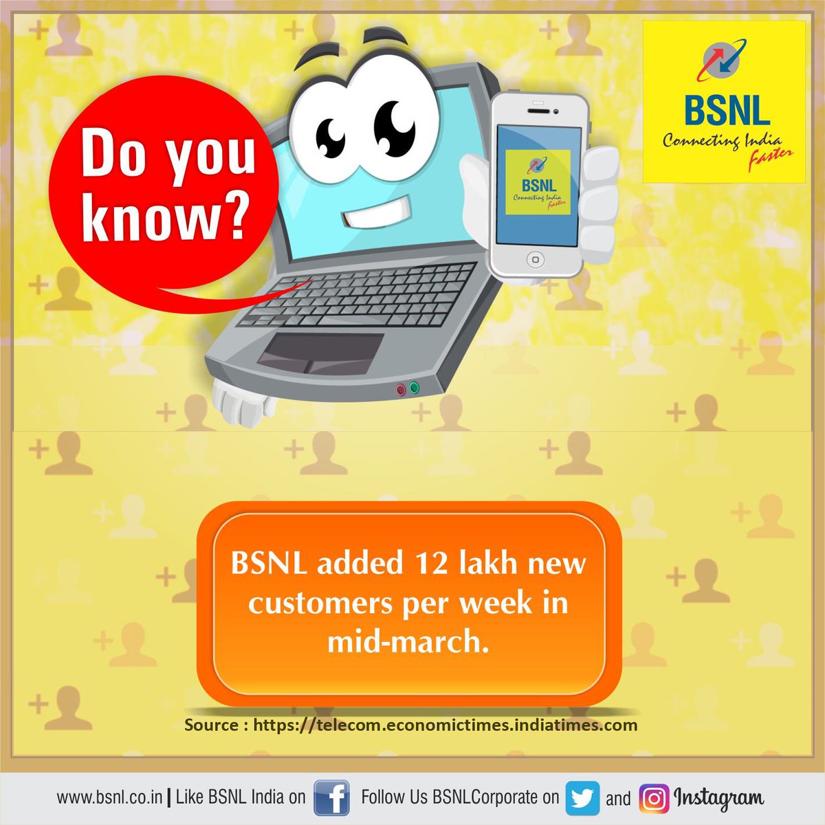 BSNLCorporate's tweet photo. #DoYouKnow #BSNL added 12 lakh new customers per week in mid-march. https://t.co/29eQMHkeZN