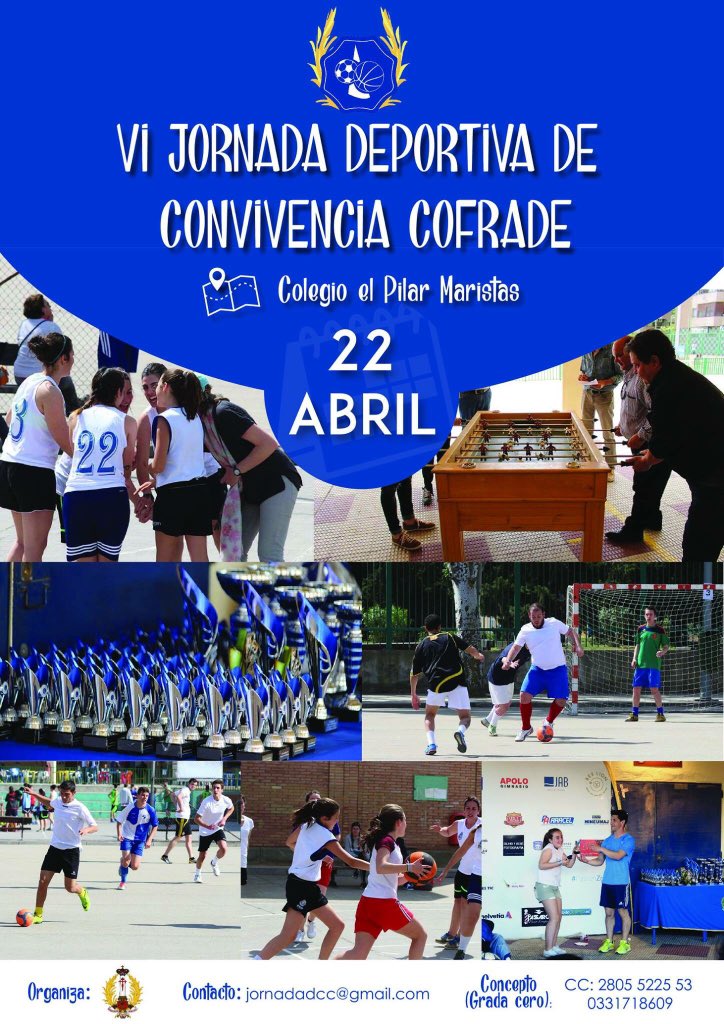 Pasada la Semana Santa...llega la VI Jornada Deportiva de Convivencia Cofrade. Deporte, confraternización y solidaridad el 22 de abril en <a href="/maristaszgz/">Maristas Zaragoza</a>. 
Patrocinios e inscripciones en jornadadcc@gmail.com
Gracias al artista Gonzalo Entrena por el cartel.
#SemanaSantaZgz