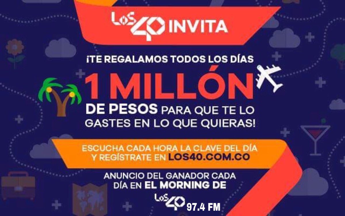 los40colombia's tweet photo. Vuelve a LOS40 📻  ¡LOS40 invita! 💥⚡️  Te podrás ganar 1 millón de pesos todos los días 😱  Debes publicar esta imagen en tu Instagram y dejarla en tu perfil durante el mes del concurso 👏🏻 https://t.co/w49prVIlS0
