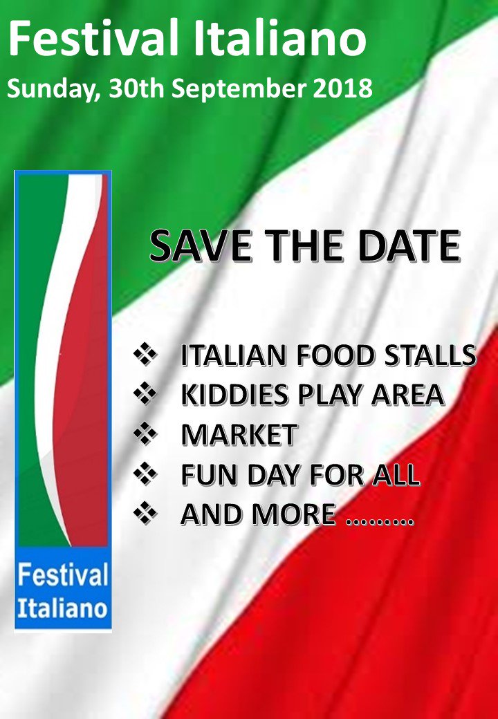 ItalianClubJHB's tweet photo. SAVE the DATE - Our 9th Annual Festival Italiano - 30th September 2018 https://t.co/85orn2p7BE