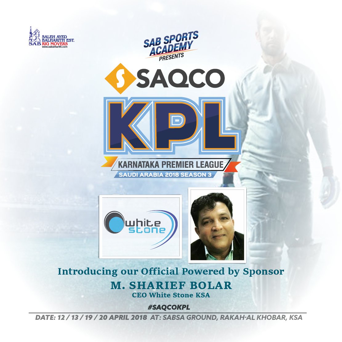 SabSports's tweet photo. Introducing our Official Powered by Sponsor M. Sharief Bolar CEO White Stone KSA. #SabSports Academy Presents, #SAQCO KPL Ses 3 KSA. https://t.co/rCXkrEquUr