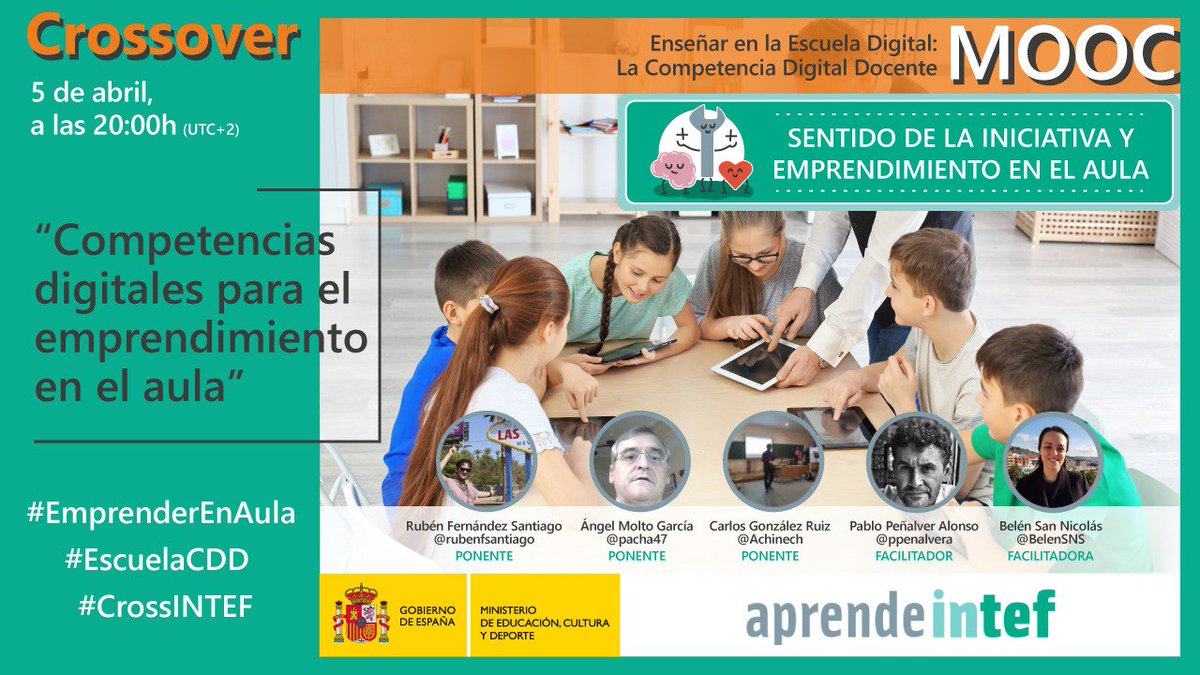 sebasmarting's tweet photo. Llega el último #directoINTEF de #EscuelaCDD.
Nos despedimos con los compañeros de #EmprenderEnAula, que en nada comienzan su aventura #moocINTEF
"Competencias digitales para el emprendimiento en el aula" 5 de Abril a las 20h (UTC+2) con #CrossINTEF https://t.co/irNbJNtfVn https://t.co/z2WWa3nis0