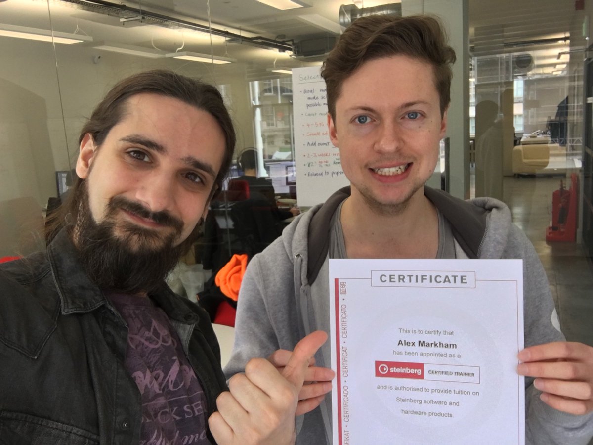 theDAWtutor's tweet photo. We're very proud to announce that The DAW Tutor's very own Alex Markham is now a @SteinbergMedia Certified Trainer. Here's Alex receiving his certificate from Steinberg's Dom Sigalas last week. https://t.co/QT8t1OR6UE