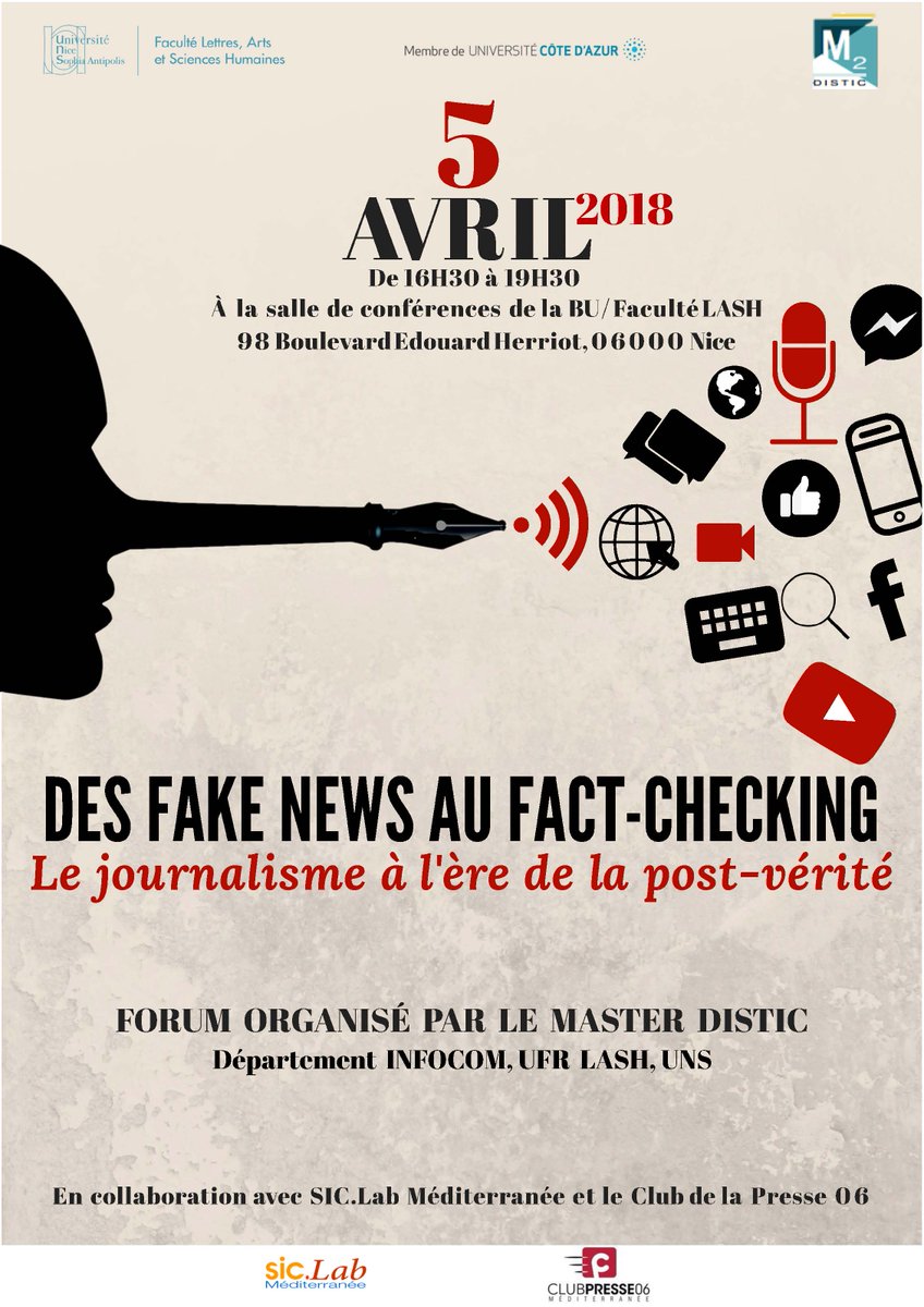 CampusCarlone's tweet photo. "Des fake news au fact-checking"
 Forum organisé par le Master 2 DISTIC, Jeudi 05 Avril de 16h30 à 20h
Plus d'infos sur:
https://t.co/X6d1Gc96eA https://t.co/Ya6GbSSwg2