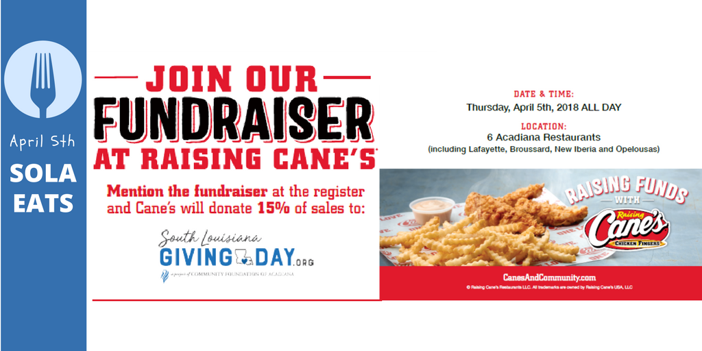 LanaFontenot's tweet photo. Help us make a difference in our community! Visit any @Raising_Canes on Thursday and mention South Louisiana Giving Day, 15% of the proceeds from your order will be contributed to the 125+ nonprofit organizations participating! #MakingADifference https://t.co/cj9FGUqlwJ