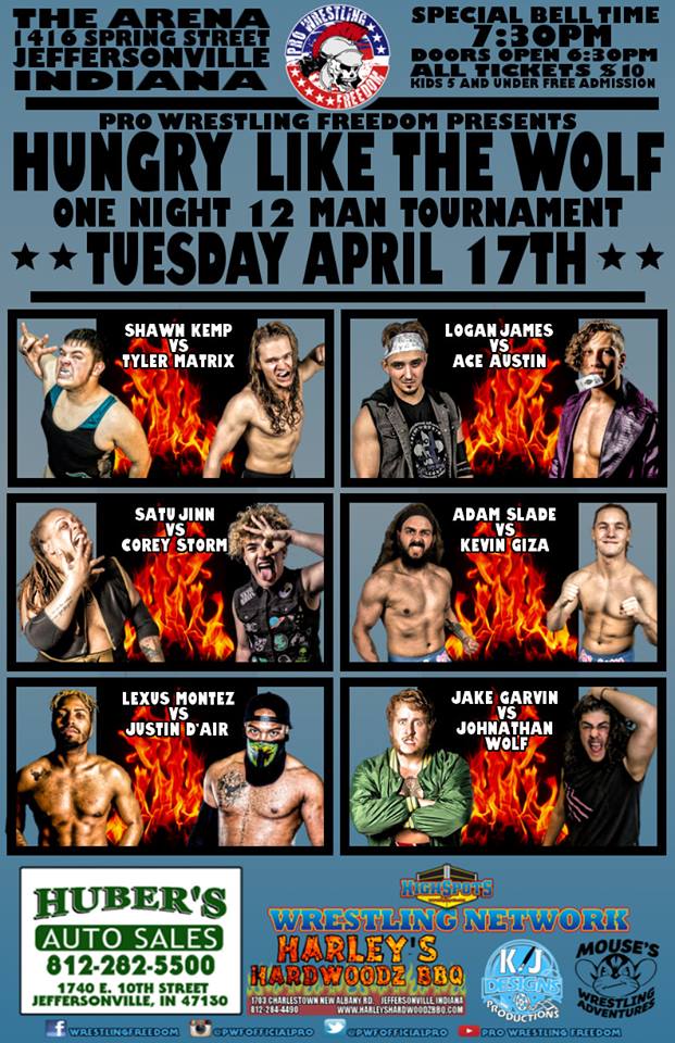 pwfofficialpro's tweet photo. ✅LIKE &amp; RT
4 Days after our 4/13 Anniversary Show 
Hungry Like a Wolf 4/17 - 1 Night Tournament 
@THELoganJames1 v @The_Ace_Austin 
@YearOfTheMutt v @Tyler_Matrix 
@IAmAdamSlade v @kevin_giza 
@SuperLexus17 v @justindair
Satu Jinn v @corey_storm24 
@GnarlsGarvin v @IK3Wolf https://t.co/OeYvPulTCA
