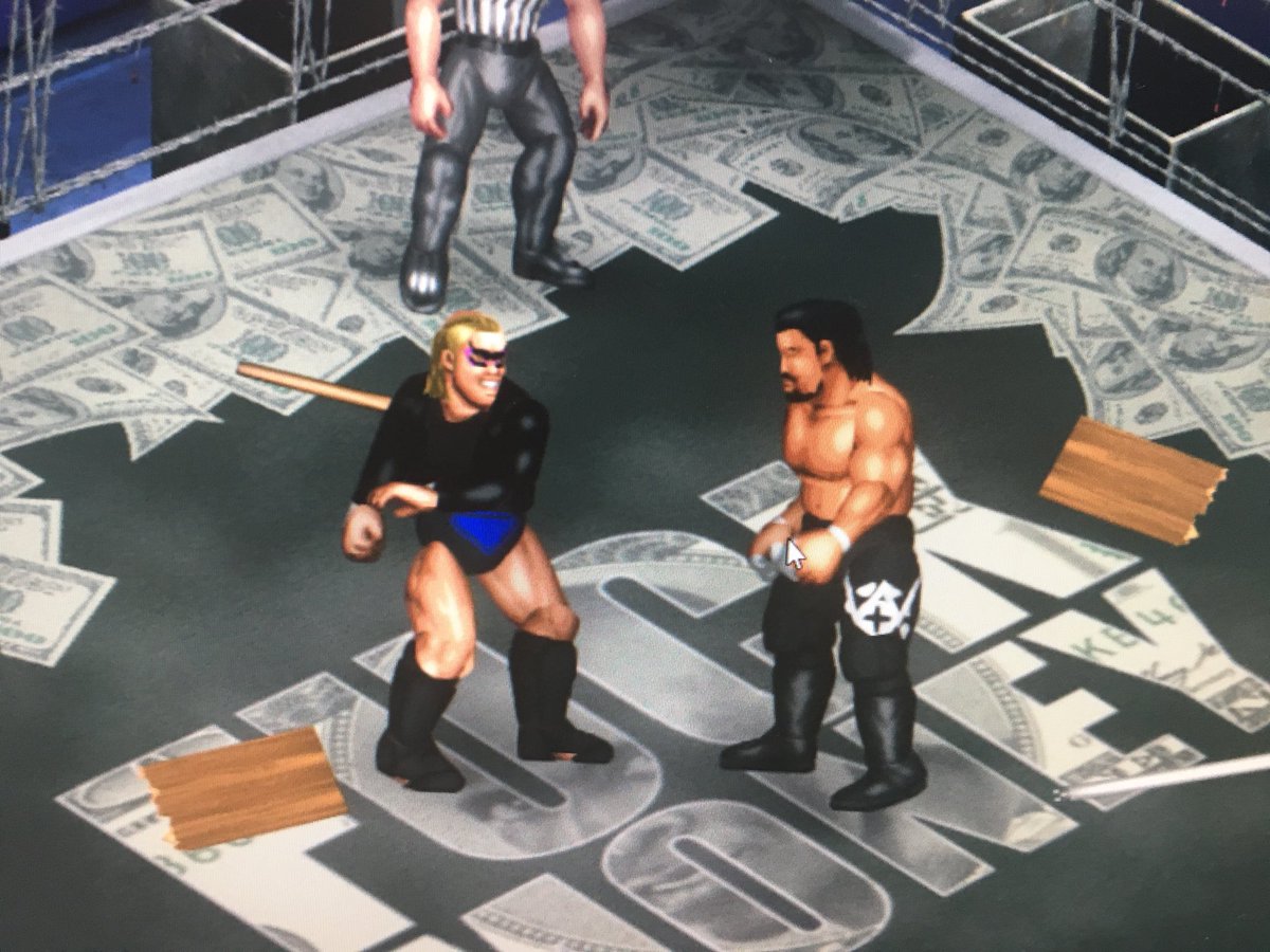 MidnightGuthrie's tweet image. Sign of #Wrestlemania week - my Fire Pro game randomly selected @JANELABABY to battle Meng in a barbwire match in the Fuck Money ring.  #JJSB2 #MeatSauce
