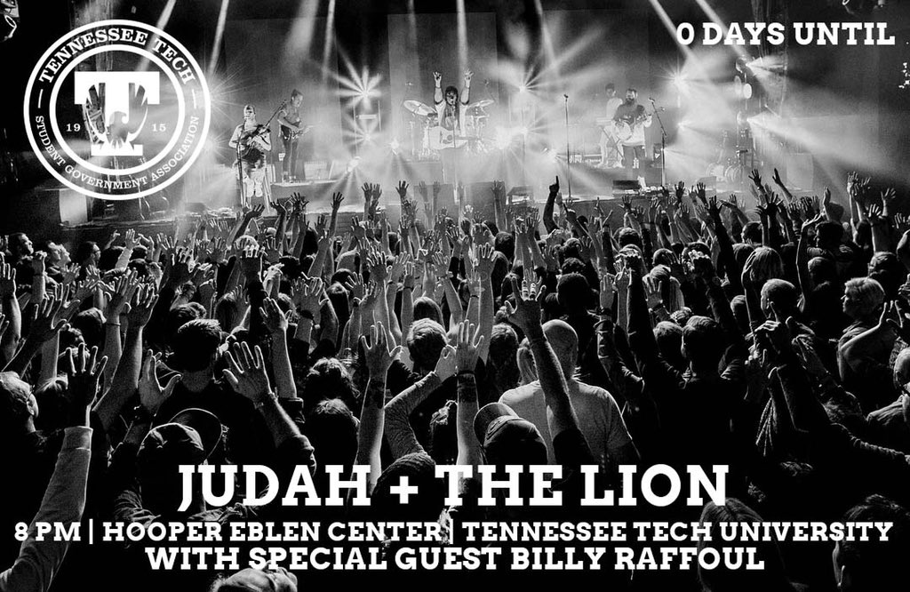 tntech_sga's tweet photo. Put your hands up if you’re ready for tonight!! Hey @judahandthelion @billyraffoul , we’ll bring the people, you bring the party. See you all TONIGHT - 8 PM AT THE HOOP #JTLSOLO #TechYeah https://t.co/fyWt376cnj