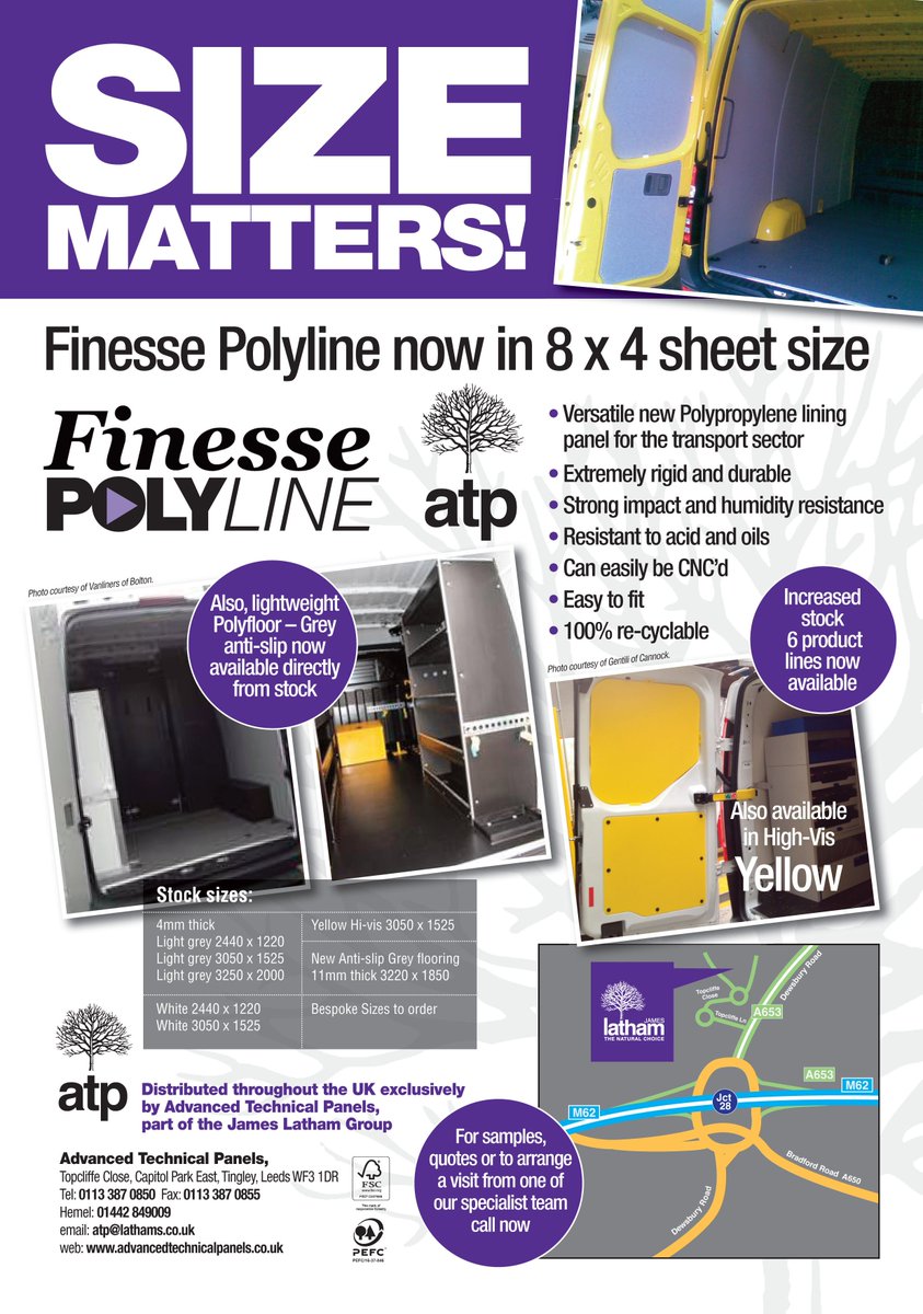 We are now offering Finesse Polyline, the versatile new Polypropylene lining panel for the transport sector in 8 x 4 sheet sizes, available directly from stock. Contact us now to find out more at atp@lathams.co.uk