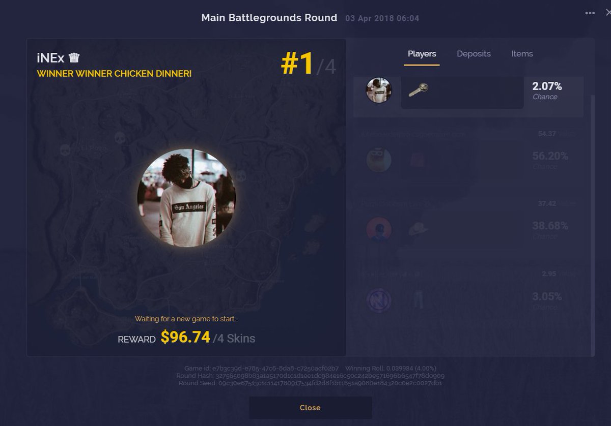 PUBGClash's tweet photo. 2.07% chance for a nice $96.74 win! Congratulations iNEx 😎 https://t.co/Igc6WLELrJ