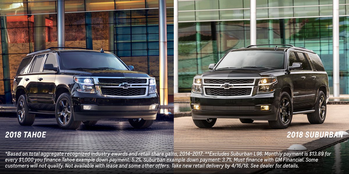 wentworthchevy's tweet photo. Chevrolet. The most awarded and fastest growing brand, the last four years overall.* Visit us today and get 0% APR financing for 72 months on most 2018 #ChevyTahoe or #ChevySuburban models.**  Exp: 4/16/2018 https://t.co/18p0x1AP83 https://t.co/31McricJwe