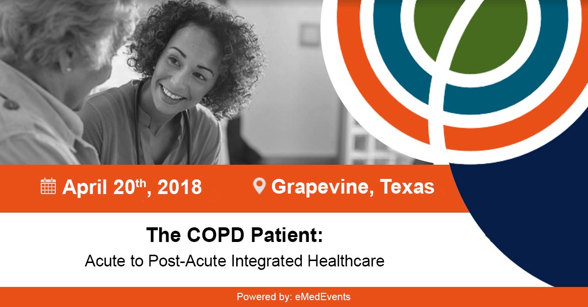 eMedEvents's tweet photo. #eMedEvents - The COPD Patient
Acute to Post-Acute Integrated Healthcare
April 20, 2018
Hilton DFW Lakes Executive Conference Center
More Details: https://t.co/HYfmjmaDAl
#COPDPatient #GANESCO https://t.co/hZhDbJQJlv
