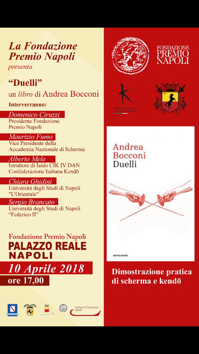 PremioNapoli's tweet photo. Vi aspettiamo martedì #10aprile ore 17, presso la nostra sede, Andrea Bocconi, psicoterapeuta e schermidore  presenta il suo libro "#Duelli", @Librimondadori 
#Savethedate #scherma #kendo #cultura #Napoli #PremioNapoli https://t.co/Q4v8VQmCvg