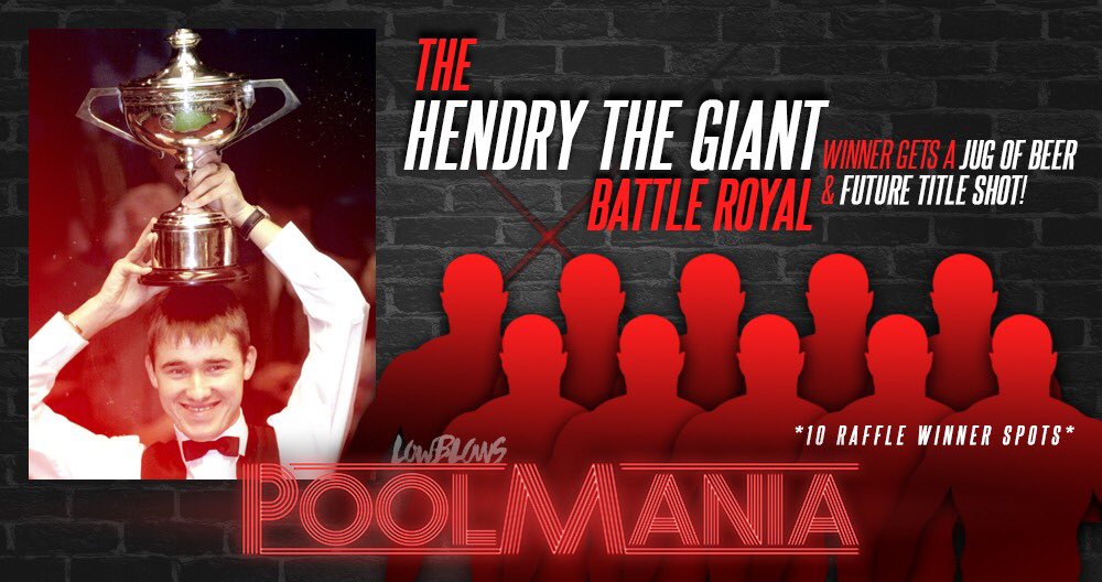 HashtagLowBlows's tweet photo. One of YOU can win free booze & a future Low Blows Pool Title Shot in the first ever #HendryTheGiantBattleRoyal! Rules below! 10 participants selected by raffle! #PoolMania #LowBlowsMania7 https://t.co/rMFzhVG46N