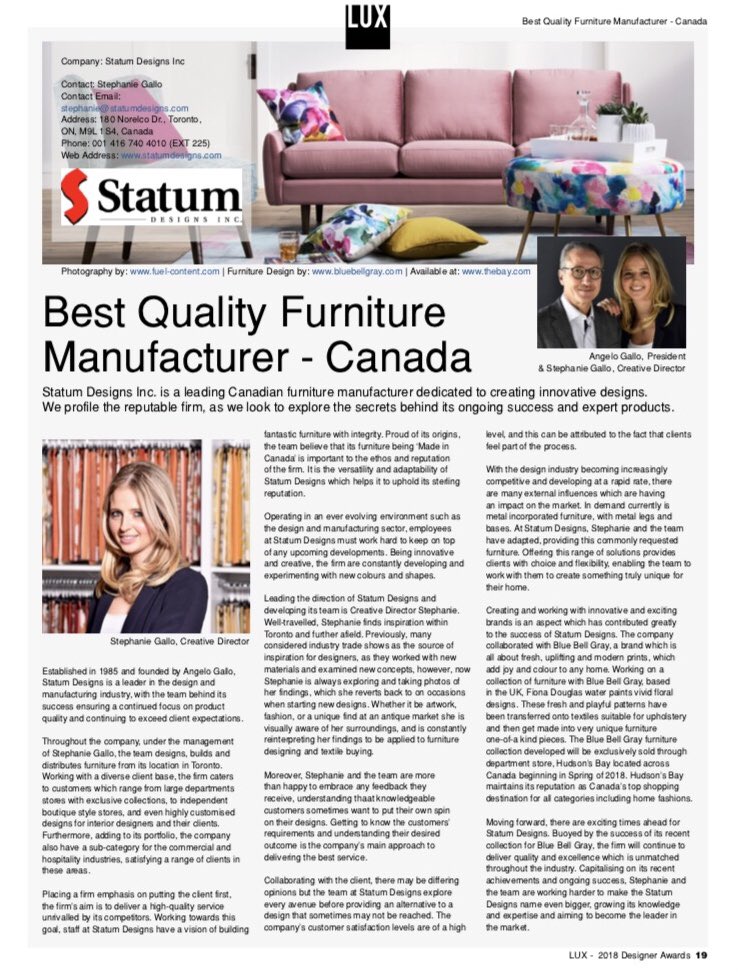 StatumDesigns's tweet image. Thanks to  LUX magazine for recognizing our furniture designs and profiling Statum Designs as “ 2018’s Best Quality Canadian Furniture Manufacturer”  🇨🇦🥇