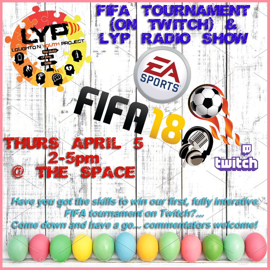 LYPStateOfPlay's tweet photo. Any good at #fifa? come on down to #thepsace! have a fun afternoon knockout #tourney #LOUGHTONYOUTH #loughton #lyp #youth #essex #essexyouth #youthradio #radio #media #gaming #essexgaming #loughtoneaster #easterevents #loughtonevents #essexevents https://t.co/qPBGtzBsNF