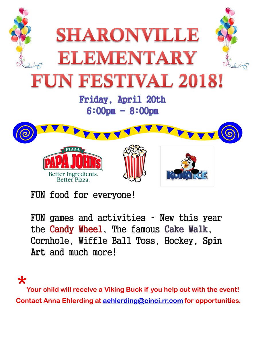 PCSDViking's tweet photo. Save the Date!
Friday, April 20 Sharonville Elementary Fun Festival 2018!
@LittleVikes #VikeDiff https://t.co/yW6DrPuPVZ