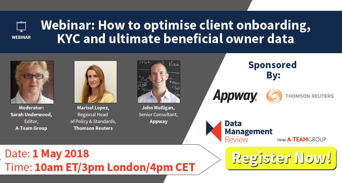 DataMgmtInsight's tweet photo. Webinar: How to optimise client onboarding, KYC and ultimate beneficial owner data.   Register Now: https://t.co/Bfldwo9IGJ @thomsonreuters @Appway #onboarding #KYC #requireddata #ownershipdata #datamanagement #data #regulation #compliance #datasourcing https://t.co/ZOzXxtWRxM