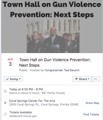 Kids1Politics2's tweet photo. Congressman Ted Deutch is hosting a town hall TONIGHT on his efforts to push gun violence prevention legislation in Congress. Tuesday, April 3rd. 6:30 p.m. - 8:00 p.m. Coral Springs Center for the Arts (2855 Coral Springs Drive). https://t.co/KOE77lTAmT