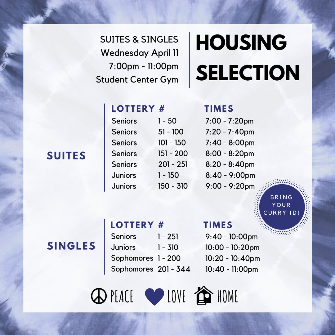 CurryResLife's tweet photo. One more week until Housing Selection! Make sure you check your lottery number (posted last Thursday) and take note of your time slot. #peavelovehome #currypeacelovehome #colonelslivehere https://t.co/o6ah8twcTX