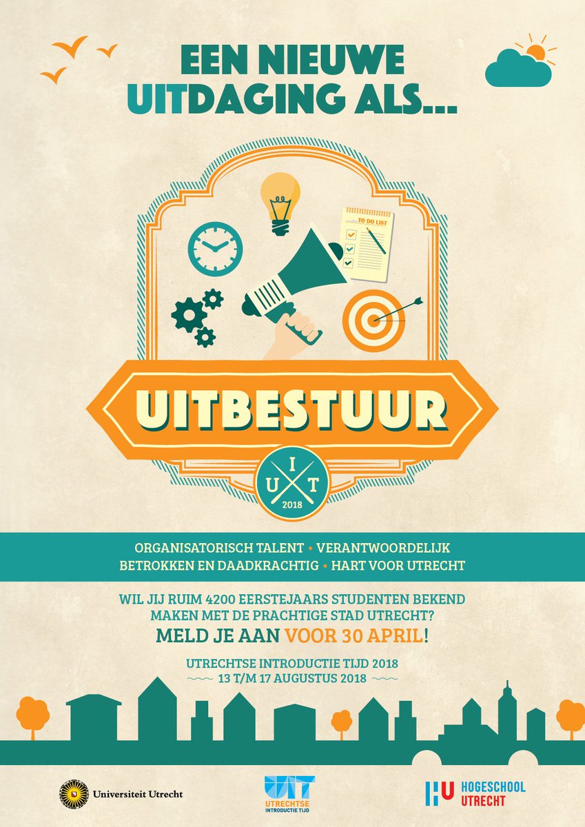 🌟UIT2018 zoekt UIT2019 🌟
Dus, wil jij volgend jaar ruim 4200 eerstejaars studenten bekend maken met de mooiste stad van Nederland? Meld je aan voor 30 april!

Solliciteren kan door een e-mail te sturen met daarin je motivatiebrief en cv naar f.b.koolstra@uu.nl