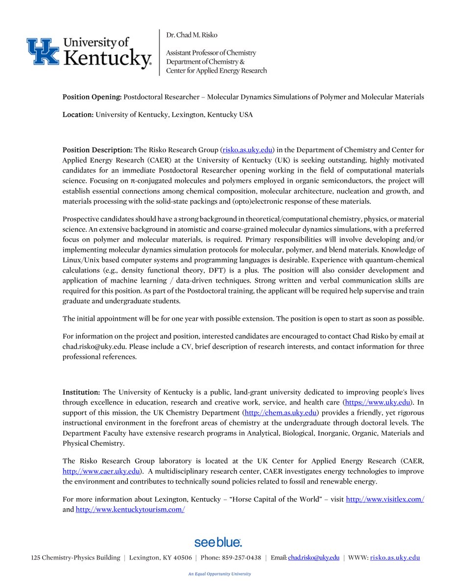 The Risko Group is hiring! Postdoc researcher with (polymer and molecular) materials MD experience. Interested folks can DM or email. Thanks! 

#compchem

drive.google.com/file/d/1CFgqOL…