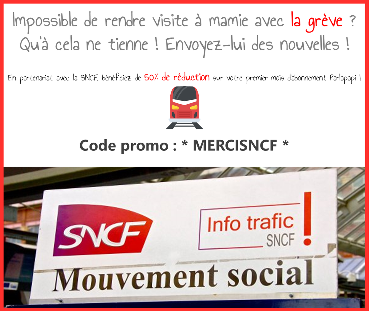 parlapapi's tweet image. La @SNCF s'engage avec @parlapapi en ces temps de #grevesncf et de perturbations, à faire bonne impression. Faute de pouvoir rendre visite à vos mamies, envoyez-leur des nouvelles ! 
OUI.sncf offre 50% de réduction sur le premier mois Parlapapi (code : MERCISNCF)