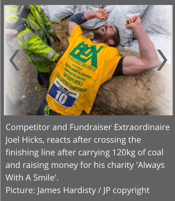 What a fantastic day yesterday at <a href="/CoalRace/">Gawthorpe Maypole & World Coal Carry Championships</a>! The snow tried to spoil it but many didn’t let it dampen their spirits! Everyone was brilliant and organisation fab! Congrats! Here’s Joel after carrying a (stupidly heavy) 120kg bag on coal! <a href="/ThisIsOssett/">Ossett</a> #coal #BankHolidayMonday