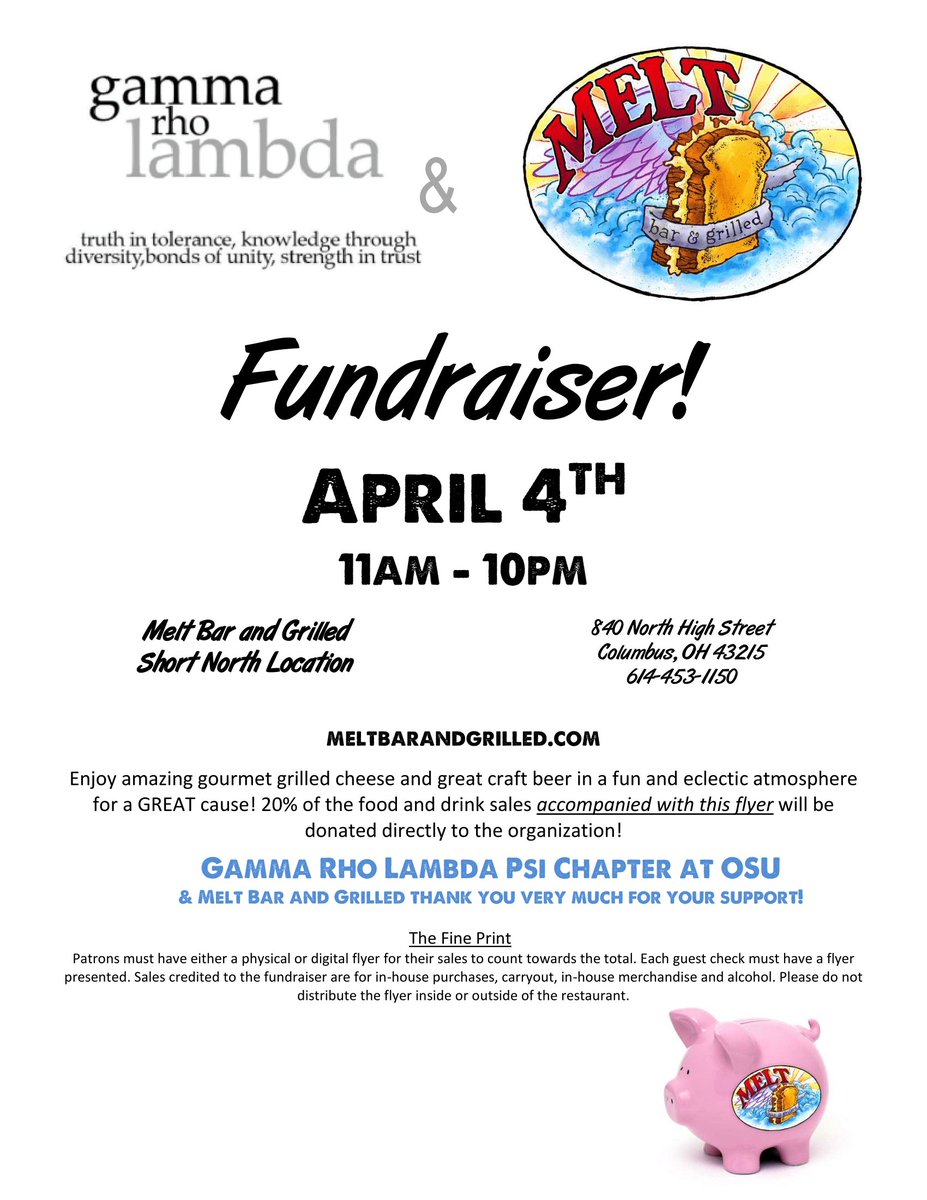 grl_osu's tweet image. As the spring snowfall melts away, let your feet take you to Melt Bar and Grilled take you with this flyer to help us gain 20% of your meal's sale and help our philanthropy event!! 💞 #GottaGoGammaRho #PsiChapter