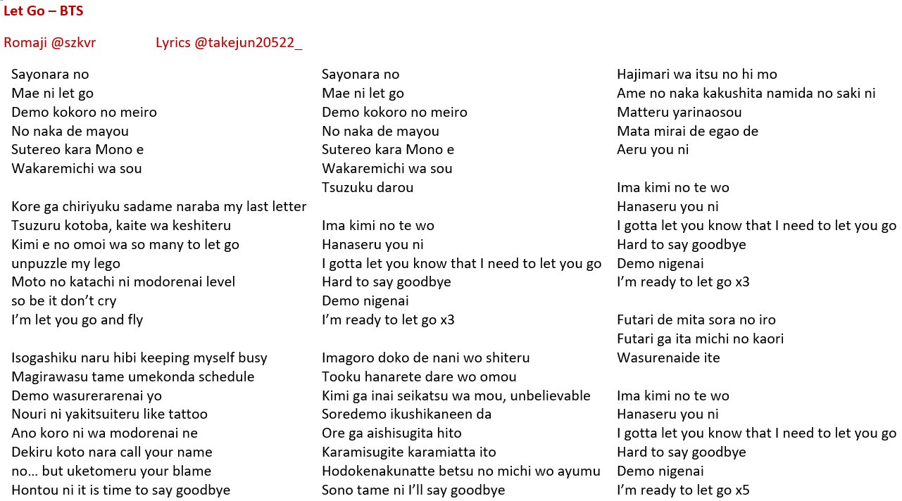 Zombie Mana The Rt Bot Eng Rom Jpn Let Go Bts Lyrics Japanese English Translation Szkvr 歌詞 Takejun522 T Co H17x8um2bg Twitter