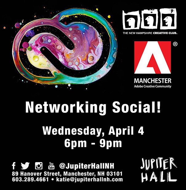 JupiterHallNH's tweet photo. Tomorrow, Wednesday, April 4th 6-9pm! Network &amp; Socialize at our Manchester @Adobe Creative Community event with @nhcreativeclub!

https://t.co/SR6yVhLCfq
.
.
@creativecloud #luvMHT #Community #DigitalCreatives #Photography #Design #Video #Film #Adobe #MHTAdobeCC #NHArts https://t.co/OKZ4HDXCyl