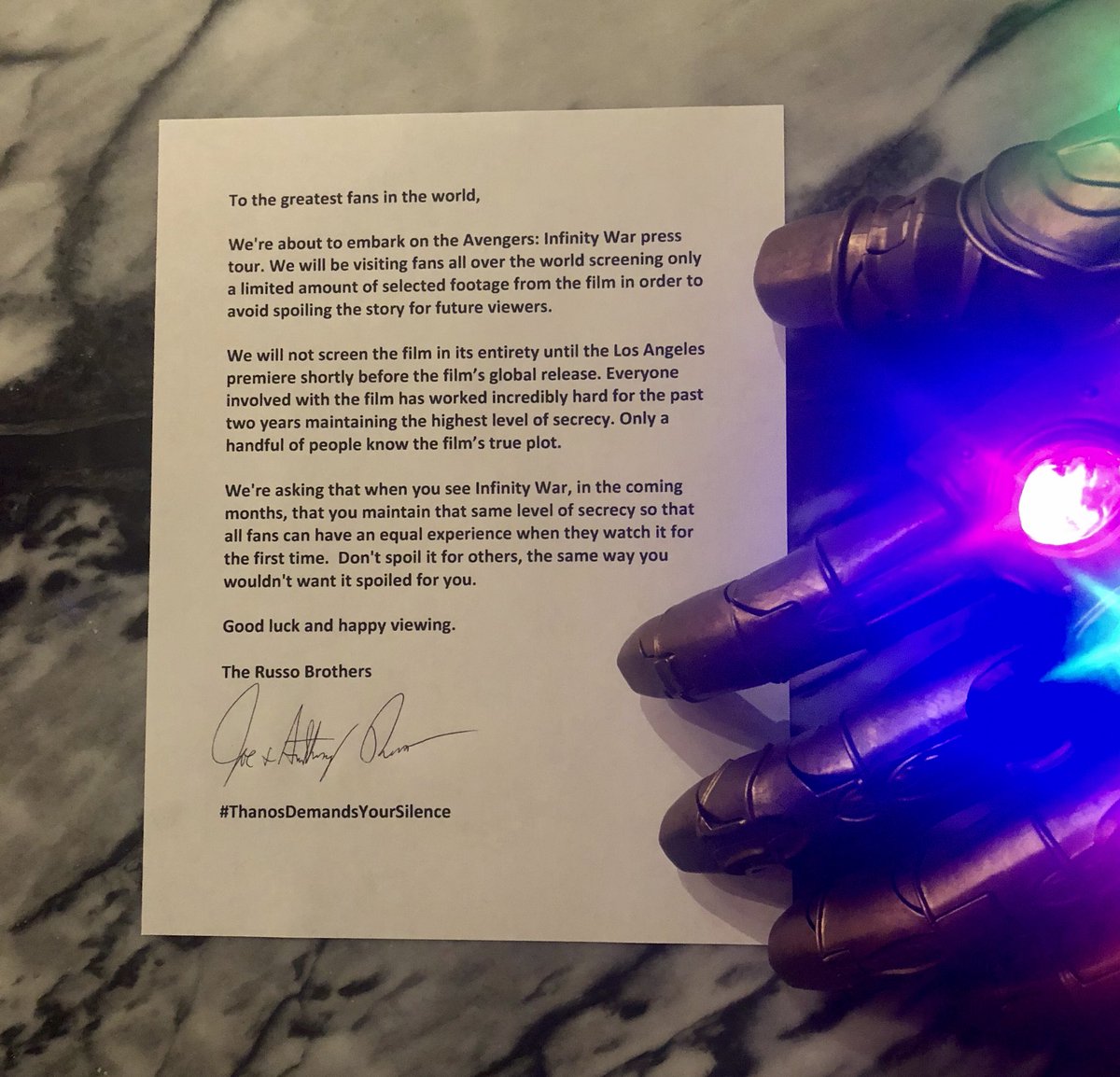 The directors of #AvengersInfinityWar, the <a href="/Russo_Brothers/">Russo Brothers</a>, have shared this message to fans about maintaining the secrecy of the movie: