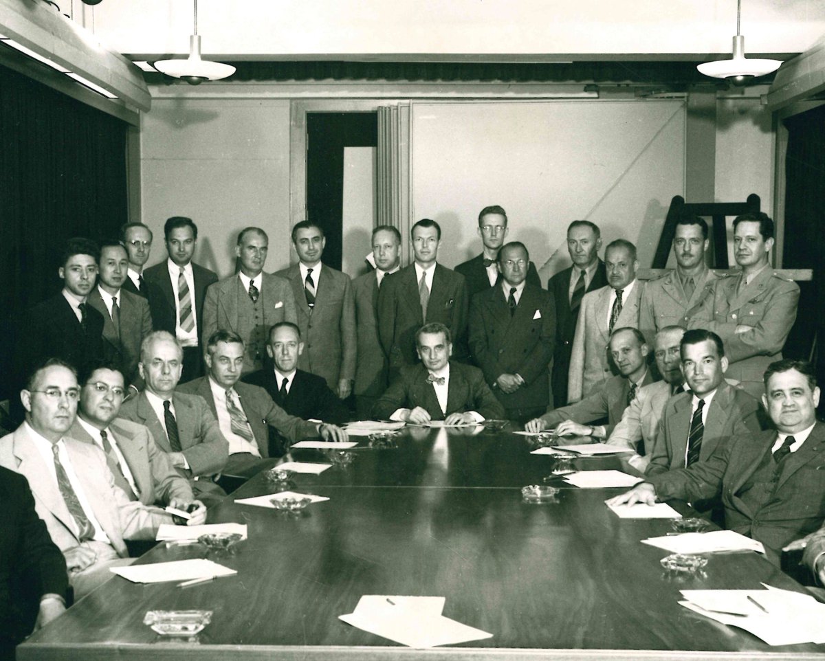 AFResearchLab's tweet photo. A whole lotta tweed goin' on. In 1945, the Scientific Advisory Group visited Europe to evaluate scientists and technology of interest for future @usairforce research. Dr. Theodore von Karman (center, seated) was its first chairman. #NationalTweedDay #AFRLHistory #PhDLife #avgeek https://t.co/ZmwWwuOaCC