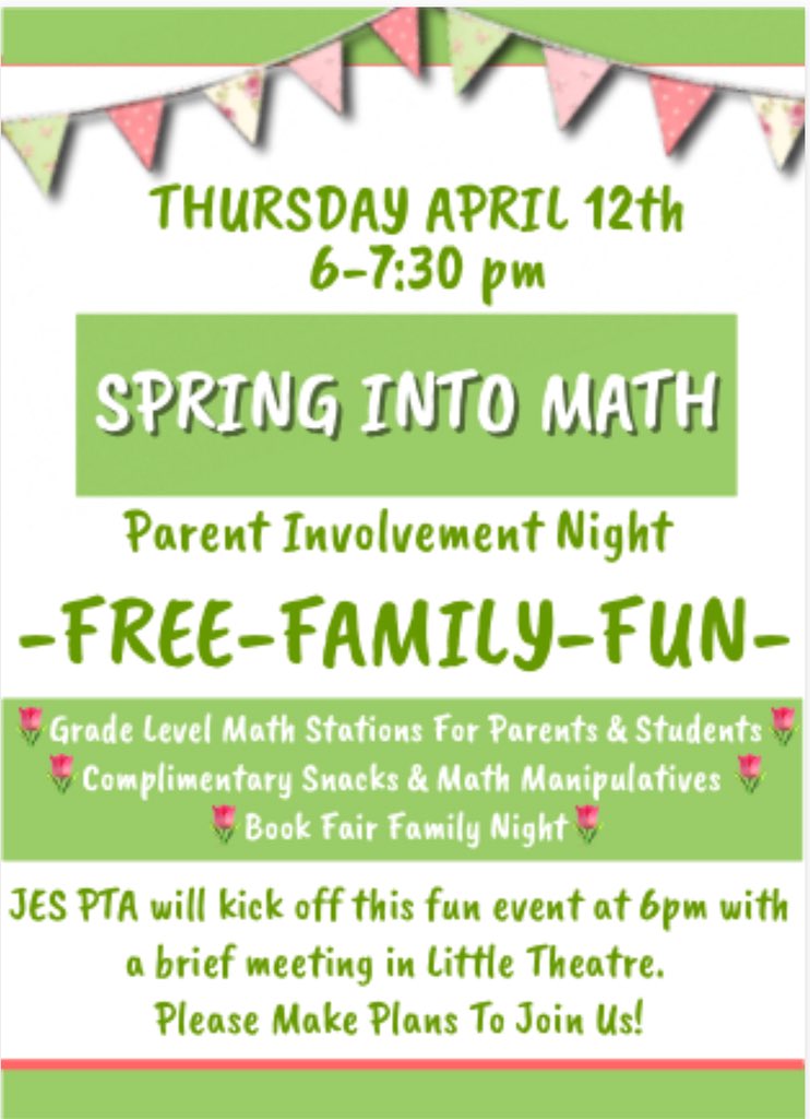 jes_pta's tweet photo. Please Make A Note 📝!
The JES PTA Annual Meeting Has Moved To 6pm on 4/12 in Little Theatre.
We will be voting on a board position, and finishing up end of the year items prior to kicking off #springintomath Parent Involvement Night @JES_tigers!!! Come by and have some fun!!! https://t.co/aO8ZyiLDCC