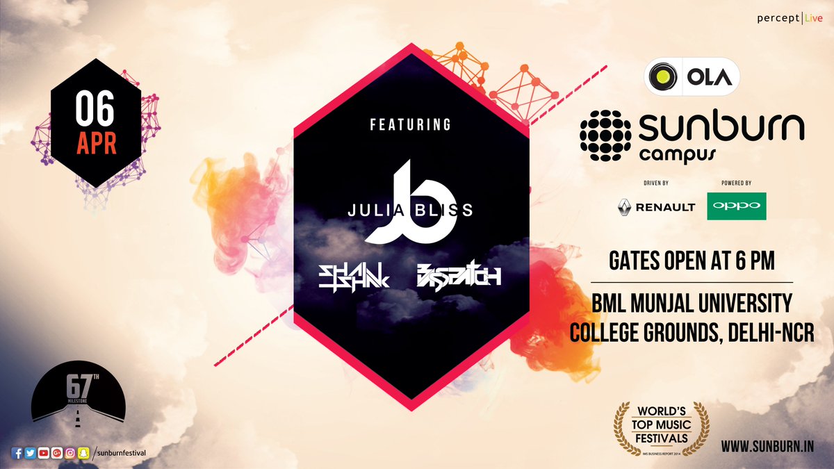 SunburnFestival's tweet photo. #DelhiNCR - #OLASunburnCampus with #JuliaBliss , #Shashank & #Basspatch on 6 April at @BMLUniv. For more details: https://t.co/SspaUhjZoz https://t.co/L8W5PiuTdX
